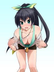 Rule 34 | 1girl, animal, bent over, black hair, blush, breasts, downblouse, extended downblouse, fang, ganaha hibiki, hamster, hamuzou, idolmaster, idolmaster (classic), jewelry, large breasts, navel, necklace, no bra, off shoulder, oomugi genmai, ponytail, shorts