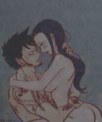 Rule 34 | 1boy, 1girl, after kiss, ass, black hair, blue eyes, blush, breasts, earrings, facial hair, hetero, implied sex, jewelry, large breasts, long hair, looking at another, nico robin, nude, one piece, saliva, sex, short hair, sweat, tattoo, trafalgar law, user fpjj2272, vaginal