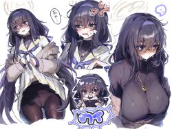 Rule 34 | 1girl, alternate breast size, anger vein, bespectacled, black hair, black pantyhose, black shirt, blue archive, blue neckerchief, blush, bra visible through clothes, breasts, character name, chibi, chibi inset, clothes lift, cropped torso, glasses, halo, highres, inusaka, large breasts, lifted by self, long hair, looking away, multiple views, neckerchief, panties, panties under pantyhose, pantyhose, school uniform, serafuku, shirt, simple background, skirt, skirt lift, sweatdrop, ui (blue archive), underwear, very long hair, white background, white panties, white serafuku, yellow-framed eyewear