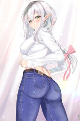 Rule 34 | 1girl, ass, belt, blush, bow, braid, breasts, closed mouth, covered erect nipples, denim, elf, green eyes, hair between eyes, hair bow, hair ornament, highres, jeans, large breasts, long hair, looking at viewer, looking back, muka tsuku, nail polish, original, pants, pointy ears, revision, silver hair, smile, solo, sweater