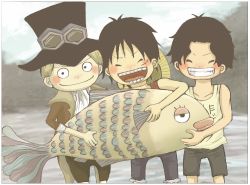 Rule 34 | 3boys, ascot, fish, goggles, hat, lowres, male focus, monkey d. luffy, multiple boys, one piece, portgas d. ace, sabo (one piece), smile, stampede string, straw hat, tank top, top hat, aged down