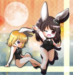 Rule 34 | 2girls, ;d, animal ears, arm support, arm up, armpits, bare arms, black hair, blonde hair, bow, bowtie, chibi, fishnet pantyhose, fishnets, full moon, hair ribbon, hand on leg, hat, knees up, looking at viewer, maribel hearn, moon, multicolored background, multiple girls, one eye closed, open mouth, pantyhose, playboy bunny, purple eyes, rabbit ears, rabbit tail, red eyes, ribbon, shadow, short hair, sideways glance, sitting, smile, sparkle, standing, standing on one leg, tail, touhou, tsukiori sasa, usami renko, wrist cuffs