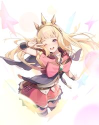 Rule 34 | 1girl, absurdres, blonde hair, bow, bracer, cagliostro (granblue fantasy), cape, cropped legs, granblue fantasy, hair spread out, hairband, highres, huge bow, long hair, looking at viewer, open mouth, pink bow, purple eyes, risa (pixiv23908854), skirt, solo, spiked hairband, spikes, star (symbol), teeth, thighhighs, tiara, upper teeth only, v, v over eye, vial, zettai ryouiki