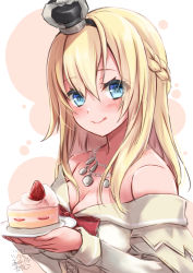 Rule 34 | 1girl, absurdres, artist name, black hairband, blonde hair, blue eyes, blush, braid, cake, closed mouth, crown, dated, dress, food, french braid, fruit, hair between eyes, hairband, highres, holding, holding plate, jewelry, kantai collection, long hair, long sleeves, mashiro yukiya, mini crown, necklace, off-shoulder dress, off shoulder, plate, signature, smile, solo, strawberry, tongue, tongue out, upper body, warspite (kancolle), white dress