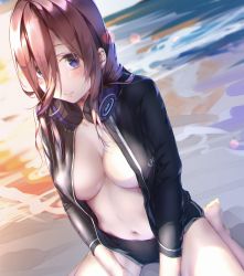 Rule 34 | 1girl, aotsuki kaoru, bad id, bad pixiv id, bare legs, barefoot, bikini, bikini bottom only, black bikini, black jacket, blue eyes, blurry, blurry background, blush, breasts, cleavage, closed mouth, day, dutch angle, go-toubun no hanayome, hair over one eye, headphones, headphones around neck, highres, jacket, large breasts, long hair, long sleeves, looking at viewer, nakano miku, navel, no bra, open clothes, open jacket, outdoors, red hair, revision, sitting, smile, solo, sunlight, swimsuit, wariza, water