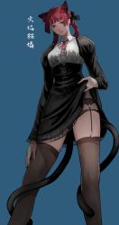 Rule 34 | 1girl, alternate costume, animal ear fluff, animal ears, black bow, black ribbon, black skirt, black thighhighs, blue background, bow, cat ears, cat tail, character name, clothes lift, corset, extra ears, hand on own hip, highres, jittsu, kaenbyou rin, lace, legs, looking down, multiple tails, nail polish, nekomata, pointy ears, puffy sleeves, red bow, red eyes, red hair, red nails, ribbon, skirt, skirt lift, solo, tail, thighhighs, touhou, two tails