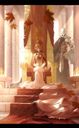 Rule 34 | 1boy, 1girl, absurdres, architecture, armor, autumn leaves, bare shoulders, breasts, cape, column, company name, copyright name, crossed legs, cushion, diadem, dishwasher1910, dress, expressionless, falling leaves, fire, fire, full armor, gem, gorget, gown, green eyes, hair between eyes, hair bun, hair ornament, helmet, highres, indoors, jaune arc, jewelry, knight, leaf, letterboxed, long dress, long hair, looking at viewer, maple leaf, md5 mismatch, medium breasts, orange hair, pillar, ponytail, power armor, pyrrha nikos, red carpet, red hair, rwby, shield, single hair bun, sitting, sunlight, tears, throne, very long hair, watermark, web address, white dress