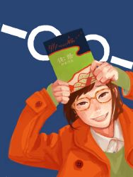 Rule 34 | 1girl, bad drawr id, bad hands, bad id, book, brown eyes, brown hair, buttons, coat, freckles, glasses, green shirt, holding, holding book, long sleeves, mosaique, orange coat, original, shirt, simple background, sleeves past wrists, smile, translation request, white shirt