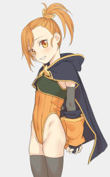 Rule 34 | 1girl, black thighhighs, cape, eyebrows hidden by hair, fingerless gloves, from side, gloves, grin, highres, leotard, looking at viewer, misogi (princess connect!), orange eyes, orange hair, own hands together, pastime774, princess connect!, side ponytail, simple background, smile, solo, thighhighs