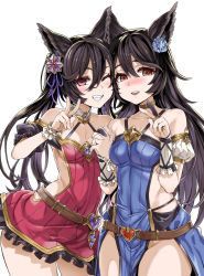 Rule 34 | 2girls, animal ears, asanagi, bare shoulders, belt, black hair, blue dress, blush, breasts, cheek-to-cheek, choker, collarbone, commentary request, detached sleeves, dress, erune, fang, flower, granblue fantasy, grin, hair between eyes, heads together, highres, holding hands, interlocked fingers, kuurie (granblue fantasy), long hair, looking at viewer, multiple girls, nier (granblue fantasy), one eye closed, open mouth, puffy short sleeves, puffy sleeves, red dress, red eyes, scrunchie, short sleeves, siblings, simple background, sisters, sleeveless, sleeveless dress, smile, teeth, twintails, v, white background, wrist scrunchie