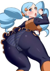Rule 34 | 1girl, ace trainer (pokemon), ass, blue eyes, blue hair, breasts, creatures (company), eyebrows, game freak, highres, huge ass, komusou (jinrikisha), long hair, matching hair/eyes, nintendo, open mouth, panties, pantyhose, pokemon, pokemon bw, shirt, simple background, skirt, solo, thick thighs, thighs, twintails, underwear, white background