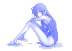 Rule 34 | 1girl, alternate hair length, alternate hairstyle, barefoot, blue theme, blush, breasts, closed mouth, from side, hidamari sketch, kagami uekusa, large breasts, legs, light smile, long hair, long legs, looking at viewer, monochrome, nori (hidamari sketch), one-piece swimsuit, school swimsuit, sitting, smile, solo, swimsuit, v