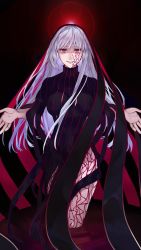Rule 34 | 1girl, bakushi (kaeritai0609), black dress, blood, breasts, commentary, cracked skin, dark sakura, dress, english commentary, fate/stay night, fate (series), heaven&#039;s feel, large breasts, long dress, long sleeves, looking at viewer, matou sakura, outstretched arms, purple hair, red eyes, smile, solo, spread arms, standing, wading