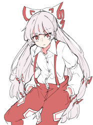 1girl bow closed_mouth collared_shirt commentary_request deetamu fujiwara_no_mokou grey_hair hair_bow hands_in_pockets highres long_hair long_sleeves looking_at_viewer multiple_hair_bows ofuda ofuda_on_clothes pants red_eyes red_pants shirt simple_background solo suspenders touhou very_long_hair white_background white_shirt