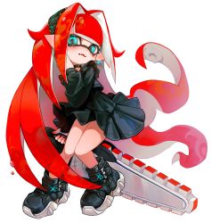 Rule 34 | 1girl, aqua eyes, black choker, black dress, black footwear, blunt bangs, choker, commentary, dress, earrings, full body, highres, holding, holding weapon, inkling, inkling girl, inkling player character, jewelry, kumo (kumo hsc0216), long hair, long sleeves, looking at viewer, nintendo, parted lips, pointy ears, red hair, shoes, simple background, sneakers, solo, splatoon (series), splatoon 3, symbol-only commentary, tentacle hair, very long hair, weapon, white background