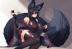 Rule 34 | 1girl, alcohol, animal ear fluff, animal ears, bare shoulders, black dress, black hair, blue eyes, bottle, breasts, cup, curvy, dress, fox ears, fox girl, fox tail, hair between eyes, highres, holding, holding bottle, holding cup, huge breasts, japanese clothes, kiri (sub-res), kitsune, large tail, leaning to the side, long tail, one eye closed, original, sake, sake bottle, sideboob, sitting, skindentation, smile, solo, sub-res, tail, thighhighs, wide sleeves