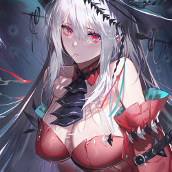 Rule 34 | 1girl, aqua headwear, arknights, bare shoulders, black ribbon, breasts, commentary, dress, english commentary, hair in own mouth, highres, long hair, long sleeves, looking at viewer, medium breasts, off-shoulder dress, off shoulder, red dress, red eyes, ribbon, sapysha, short dress, silver hair, sitting, skadi (arknights), skadi the corrupting heart (arknights), solo, very long hair, wariza, water
