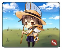 Rule 34 | 10s, 1girl, black legwear, blue skirt, blue sky, brown eyes, brown hair, butterfly net, chibi, cloud, commentary request, day, grass, hakama, hakama short skirt, hakama skirt, hand net, hat, highres, insect cage, japanese clothes, kaga (kancolle), kantai collection, outdoors, short hair, shoulder strap, side ponytail, skirt, sky, solo, straw hat, stuffed animal, stuffed cat, stuffed toy, sun hat, taisa (kari), tasuki