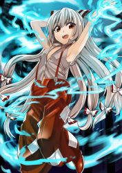 Rule 34 | &gt;:d, 1girl, :d, abe ranzu, armpits, arms up, baggy pants, blue fire, bow, breasts, brown eyes, dress shirt, fire, from above, fujiwara no mokou, hair bow, highres, long hair, looking at viewer, looking down, ofuda, open mouth, pants, red footwear, red pants, shirt, shoes, silver hair, small breasts, smile, solo, suspenders, torn clothes, torn shirt, touhou, v-shaped eyebrows, very long hair, white shirt