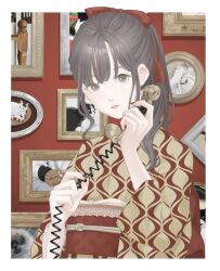 Rule 34 | 1girl, antique phone, bow, calico, cat, corded phone, grey eyes, grey hair, hair behind ear, hair bow, holding, holding phone, japanese clothes, kimono, looking at viewer, medium hair, obi, obijime, orange cat, original, parted lips, phone, photo (object), picture frame, pink lips, red bow, red kimono, red sash, sash, sleeves past elbows, solo, tabby cat, two-tone kimono, wide sleeves, yellow kimono, yuum1709