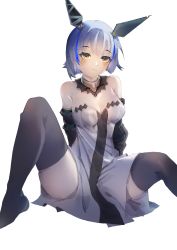 Rule 34 | 1girl, azur lane, bare shoulders, black dress, black thighhighs, blue hair, breasts, cleavage, detached collar, dress, elbow gloves, gascogne (azur lane), gauntlets, gloves, headgear, jinian, looking at viewer, medium breasts, multicolored hair, short dress, short hair, skindentation, solo, streaked hair, thighhighs, two-tone dress, white dress, yellow eyes