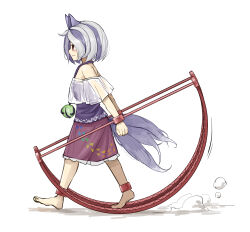 Rule 34 | 1girl, animal ears, barefoot, closed mouth, dog ears, dog tail, bear trap, from side, full body, grey hair, highres, mitsugashira enoko, multiple tails, peroponesosu., pink skirt, profile, purple hair, purple shirt, red eyes, shirt, short hair, simple background, skirt, solo, tail, touhou, white background