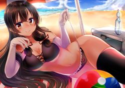 Rule 34 | 10s, 1girl, absurdres, ball, beach, beach umbrella, beachball, bikini, black bikini, black hair, black thighhighs, bottle, breasts, day, elbow gloves, gloves, hair ribbon, highres, hiragi ringo, isokaze (kancolle), kantai collection, long hair, lotion, lying, medium breasts, on side, ramune, red eyes, ribbon, single thighhigh, sitting, solo, sunscreen, swimsuit, thighhighs, tress ribbon, umbrella, white gloves, yokozuwari