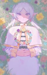 Rule 34 | 1girl, absurdres, capelet, dress, earrings, elf, flower, frieren, from above, grass, green eyes, head wreath, highres, jewelry, long hair, long sleeves, looking at viewer, lying, on back, on grass, own hands together, parted bangs, pointy ears, rounan58287, solo, sousou no frieren, twintails, white capelet, white dress, white hair