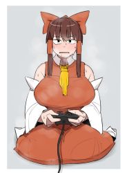 Rule 34 | 1girl, alternate eye color, bad id, bad twitter id, black eyes, breasts, breath, commentary request, controller, cookie (touhou), detached sleeves, full body, game controller, grey background, hair tubes, hakurei reimu, highres, holding, holding controller, holding game controller, large breasts, looking at viewer, necktie, ohasi, open mouth, red shirt, red skirt, reu (cookie), shirt, short hair with long locks, sidelocks, sitting, skirt, sleeveless, sleeveless shirt, solo, touhou, wariza, white sleeves, yellow necktie