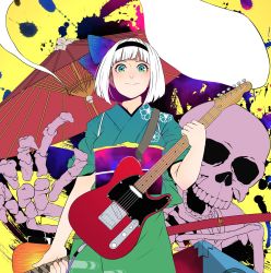 Rule 34 | 1girl, absurdres, alternate costume, arm at side, black hairband, blunt bangs, bob cut, bow, cable, closed mouth, electric guitar, fender telecaster, floral print, ghost, gradient bow, green eyes, green kimono, guitar, hair bow, hairband, hand up, highres, hitodama, holding, holding instrument, holding sword, holding weapon, instrument, japanese clothes, katana, kimono, kobaji, konpaku youmu, konpaku youmu (ghost), lantern, looking at viewer, obi, oil-paper umbrella, paper lantern, sash, scabbard, sheath, sheathed, short hair, short sleeves, skeleton, skull, sleeves rolled up, smile, solo, sword, touhou, umbrella, weapon, weapon on back, white hair