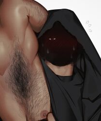 Rule 34 | 1boy, arm hair, armpit focus, armpit hair, armpits, bara, blush, chest hair, clothes pull, deadbeatincubus, flying sweatdrops, hairy, highres, large pectorals, looking at viewer, male focus, muscular, muscular male, nipples, original, pectorals, presenting armpit, pulled by self, shaded face, shirt pull, short hair, sidepec, solo, upper body