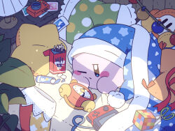 Rule 34 | alarm clock, bed, blue eyes, blue hat, blush, blush stickers, box, camera, character doll, clock, closed mouth, commentary request, desk lamp, food, handheld game console, harukui, hat, highres, indoors, kirby, kirby (series), lamp, leaf, light particles, mentos, morning, nightcap, nintendo, nintendo switch, no humans, on bed, one eye closed, photo (object), pillow, plant, pocky, pom pom (clothes), red ribbon, ribbon, rubik&#039;s cube, scissors, shadow, sleepy, solo, star-shaped pillow, star (symbol), string of light bulbs, table, under covers, waddle dee
