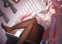 Rule 34 | 1girl, aru (blue archive), blue archive, breasts, brown eyes, cleavage, desk, feet, tucking hair, halo, highres, large breasts, crossed legs, long hair, looking at viewer, miniskirt, no bra, pantyhose, pink hair, sitting, skirt, soles, toes, translucent
