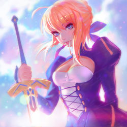 Rule 34 | 1girl, ahoge, artoria pendragon (all), artoria pendragon (fate), blonde hair, blue eyes, breasts, cleavage, dress, excalibur (fate/stay night), fate/stay night, fate (series), gradient background, hair ribbon, highres, ilya kuvshinov, puffy sleeves, ribbon, saber (fate), solo, sword, underbust, weapon