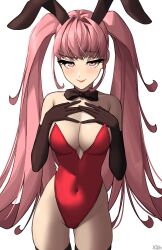 Rule 34 | 1girl, absurdres, alternate costume, artist name, blush, breasts, brown gloves, cleavage, closed mouth, covered navel, elbow gloves, female focus, fire emblem, fire emblem: three houses, gloves, hands on own chest, highleg, highleg leotard, highres, hilda valentine goneril, large breasts, leotard, long hair, looking at viewer, matching hair/eyes, nintendo, open mouth, pink eyes, pink hair, playboy bunny, red leotard, signature, simple background, smile, smirk, smug, solo, strapless, strapless leotard, twintails, white background, x xith x