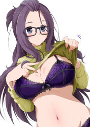 Rule 34 | 1girl, absurdres, arms up, bangs pinned back, black-framed eyewear, blue eyes, blush, bra, breasts, cleavage, clothes lift, eggman (pixiv28975023), forehead, glasses, green sweater, highres, kagamihara sakura, lace trim, large breasts, lifting own clothes, long hair, long sleeves, looking at viewer, navel, panties, purple bra, purple eyes, purple hair, purple panties, revision, ribbed sweater, simple background, solo, stomach, sweater, sweater lift, underwear, upper body, white background, yurucamp