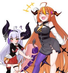 Rule 34 | ?, absurdres, ahoge, anal tail, blonde hair, bow, braid, butt plug, cosplay, costume switch, demon girl, demon horns, dragon girl, dragon horns, dragon tail, fake tail, grey hair, hair between eyes, hairband, highres, hololive, horn bow, horn ornament, horns, kiryu coco, kiryu coco (1st costume), la+ darknesss, long hair, long sleeves, multicolored hair, open mouth, orange hair, pointy ears, purple hair, ryoshi, sex toy, side braid, sleeves past wrists, smile, streaked hair, striped horns, tail, very long hair, virtual youtuber, white background, yellow eyes