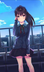 Rule 34 | 1girl, black hair, black skirt, blazer, blue bow, blue eyes, blue sky, blush, bow, building, buttons, city, day, hair bow, highres, jacket, kagematsuri, long sleeves, looking at viewer, original, ponytail, red ribbon, ribbon, rooftop, sailor collar, school uniform, skirt, sky, solo, standing, wavy mouth