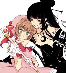 Rule 34 | 2girls, :o, black hair, blunt ends, blush, bow, bowtie, breasts, cardcaptor sakura, choker, cleavage, commentary, creator connection, dress, flat chest, fuuin no tsue, glove bow, gloves, green eyes, highres, holding, holding wand, ichihara yuuko, kinomoto sakura, kurabayashi, light brown hair, lipstick, long hair, long sleeves, magical girl, makeup, medium breasts, multiple girls, parted lips, pink dress, puffy short sleeves, puffy sleeves, red bow, red bowtie, red eyes, short hair, short sleeves, sidelocks, simple background, smile, symbol-only commentary, twitter username, upper body, very long hair, wand, white background, white gloves, xxxholic