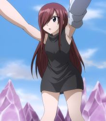 Rule 34 | 1girl, armpits, arms up, bow, brown eyes, erza scarlet, fairy tail, hair over one eye, highres, long hair, red hair, screencap, stitched, third-party edit, aged down