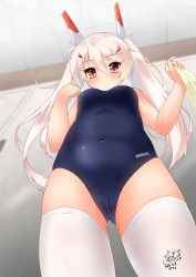Rule 34 | 1girl, absurdres, alternate costume, alternate hairstyle, ayanami (azur lane), azur lane, blurry, breasts, commentary request, covered navel, dated, depth of field, eyes visible through hair, from below, groin, hair ornament, hairclip, headgear, highres, holding, holding towel, inori (xyz5568), locker, locker room, long hair, looking at viewer, looking down, medium breasts, orange eyes, retrofit (azur lane), school swimsuit, sidelocks, signature, silver hair, solo, swimsuit, thighhighs, towel, twintails, underboob, white thighhighs
