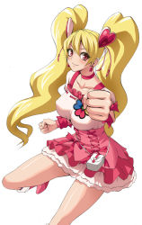 Rule 34 | 00s, 1girl, blonde hair, choker, clenched hand, clenched hands, cure peach, earrings, foreshortening, fresh precure!, hair ornament, heart, heart hair ornament, jewelry, long hair, looking at viewer, minarai zouhyou, momozono love, outstretched arm, pink eyes, precure, simple background, smile, solo, twintails, white background