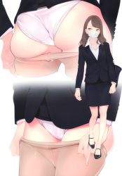 Rule 34 | 1girl, absurdres, ama mitsuki, ass, bag, black footwear, black hair, blouse, breasts, brown eyes, brown hair, brown pantyhose, business suit, clothes pull, collared shirt, formal, full body, high heels, highres, jacket, long hair, long sleeves, looking to the side, mary janes, mask, medium breasts, mouth mask, multiple views, office lady, original, panties, pantyhose, pantyhose pull, pencil skirt, satin, satin panties, scan, see-through, see-through legwear, shirt, shoes, shoulder bag, simple background, skirt, skirt suit, standing, suit, surgical mask, underwear, walking, white background, white panties, white shirt