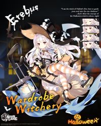 Rule 34 | 1girl, anchor symbol, azur lane, bare shoulders, bat (animal), blush, broom, broom riding, candle, character name, closed eyes, clothing cutout, commentary, copyright name, english commentary, english text, erebus (azur lane), erebus (wardrobe witchery) (azur lane), expressions, fingernails, garter belt, halloween, halloween costume, hat, highres, long fingernails, manjuu (azur lane), nail polish, official alternate costume, official art, open mouth, pointy ears, red eyes, red nails, saru, shoulder cutout, solo, striped clothes, striped thighhighs, thighhighs, white hair, witch, witch hat