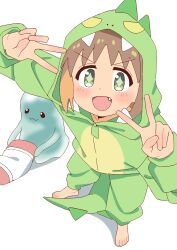 Rule 34 | 1girl, :3, :d, absurdres, barefoot, brown hair, colored inner hair, creature, diamond-shaped pupils, diamond (shape), dinosaur costume, double v, fang, full body, green eyes, highres, hood, hood up, light blush, looking at viewer, multicolored hair, nuurise2023, oka asahi, onii-chan wa oshimai!, open mouth, orange hair, pillow, simple background, smile, solo, standing, symbol-shaped pupils, two-tone hair, v, white background, zipper pull tab