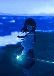 Rule 34 | 1girl, absurdres, arms at sides, beach, black neckerchief, black sailor collar, black skirt, blue sky, blurry, blurry background, crying, crying with eyes open, dark, eye trail, feet out of frame, floating hair, glowing, highres, horizon, light trail, long bangs, long hair, long sleeves, looking at viewer, neckerchief, night, ocean, oka kojiro, open mouth, original, outdoors, pleated skirt, sailor collar, school uniform, screen light, serafuku, shirt, sidelocks, skirt, sky, solo, streaming tears, tears, white shirt