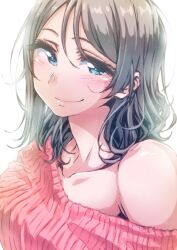 Rule 34 | 1girl, ayumu-k, blue eyes, blush, brown hair, collarbone, highres, looking at viewer, love live!, love live! sunshine!!, off shoulder, pink sweater, short hair, simple background, smile, solo, sweater, watanabe you, wavy hair