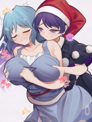 Rule 34 | 2girls, akaiha (akaihasugk), black dress, blue dress, blue eyes, blue hair, grabbing another&#039;s breast, breasts, camisole, closed mouth, doremy sweet, dress, closed eyes, frown, gensou shoujo taisen, grabbing, grabbing from behind, groping, hat, heart, highres, large breasts, long hair, multicolored clothes, multicolored dress, multiple girls, muwatari makura, nightcap, pom pom (clothes), shirt, short hair, sleeveless, smile, spoken heart, tail, tail wrap, tapir tail, tearing up, tears, touhou, white dress, white shirt, yuri