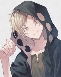 Rule 34 | 1boy, adjusting hood, brown shirt, circle, closed mouth, collarbone, commentary, cross-laced clothes, fingernails, hair over one eye, hand up, highres, hood, hood up, hoodie, kagerou project, kano shuuya, light brown hair, limited palette, looking at viewer, making-of available, male focus, mekakucity actors, mokemoke chan, open clothes, print hoodie, shirt, short hair, simple background, smile, two-sided fabric, two-sided hoodie, two-tone hoodie, upper body, wavy mouth, white hoodie, yellow eyes