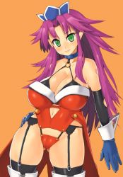 Rule 34 | 1girl, angela (seiken densetsu 3), bad id, bad pixiv id, boots, breasts, cleavage, clothing cutout, collar, crown, curvy, elf, garter belt, gloves, green eyes, huge breasts, leotard, long hair, nagase haruhito, navel, navel cutout, pointy ears, purple hair, red leotard, seiken densetsu, seiken densetsu 3, simple background, smile, solo, square enix, thigh boots, thighhighs